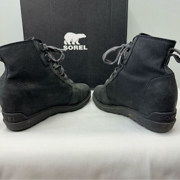 Sorel Evie II black lace up booties boots women's 8.5 leather and canvas - Picture 5 of 7